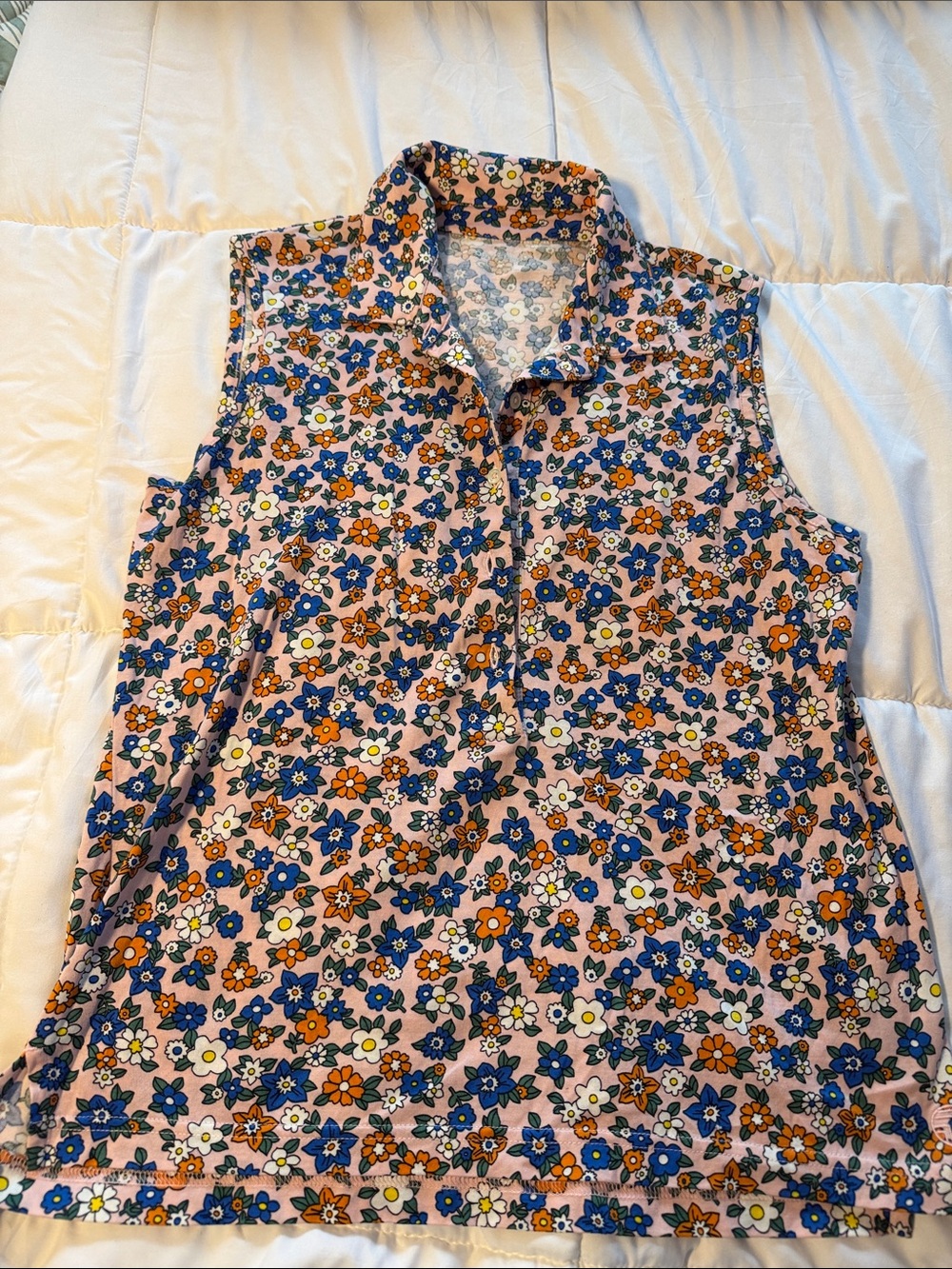 Sleeveless Floral Polo Top - orange with Blue & Orange Flowers